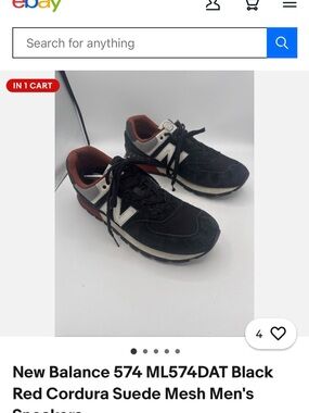 New Balance Men's 574 Black Red Suede Mesh Sneakers